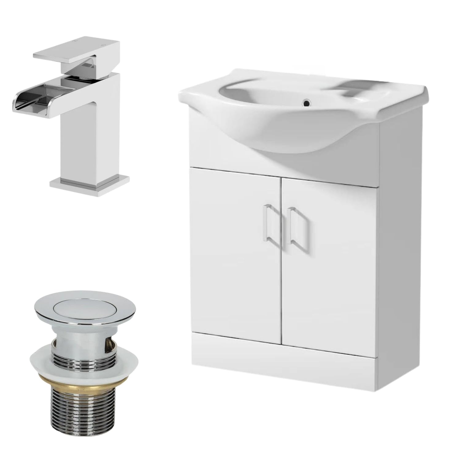 Affine® 650mm Bathroom Vanity Unit Ceramic Sink Floorstanding Storage Cabinet Cupboard & Chrome Waterfall Basin Tap & Waste Set, White Gloss