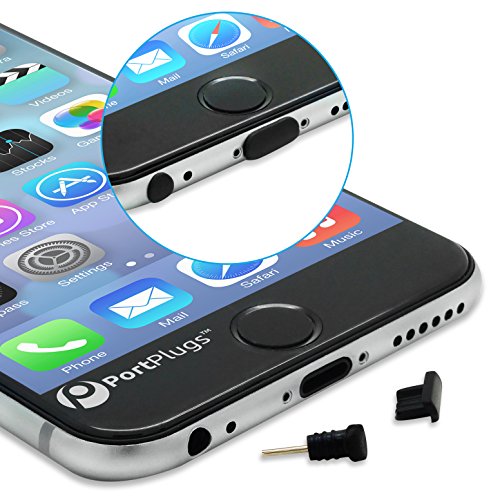 PortPlugs Dust Plugs (5 Sets) - Compatible iPhone 5, SE, 6, 6s, 6s, 6 Plus - Headphone Jack Plugs with SIM Tool – includes Cleaning Brush (Black)