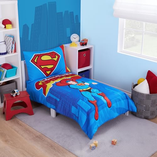 NoJo Superman Up in The Sky 4 Piece Toddler Bed Set Includes Comforter Fitted Bottom Sheet Flat Top Sheet and Reversible Pillowcase fits Standard Toddler Mattress (Officially Licensed Product)