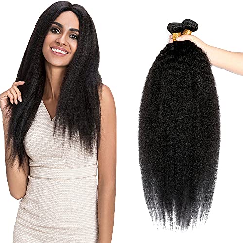 AuokMar Kinky Straight Human Hair 3 Bundles Yaki Straight Human Hair Weave Bundles 100% Unprocessed Brazilian Kinky Straight Virgin Human Hair Bundles Hair Extensions Natural Black 26 26 26 Inch