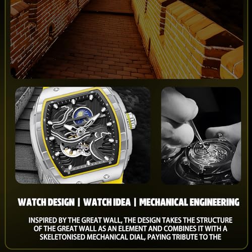 Image of Men's Luxury Steampunk Automatic Mechanical Watch Great Wall of China Pattern Carving Watch Tonneau Hollowed Moon Phase Dial Waterproof Luminous Silicone Wristwatch