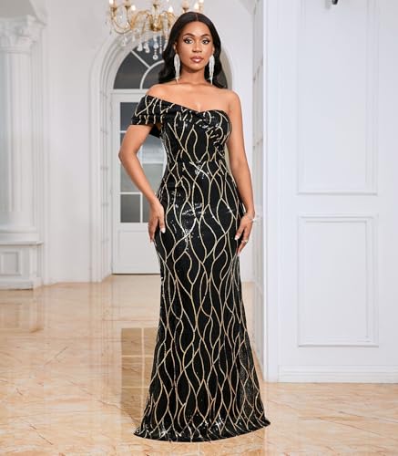 Image of Cololura Women Sexy Sequin One Shoulder Mermaid Formal Party Cocktail Gowns Bodycon Evening Maxi Dress