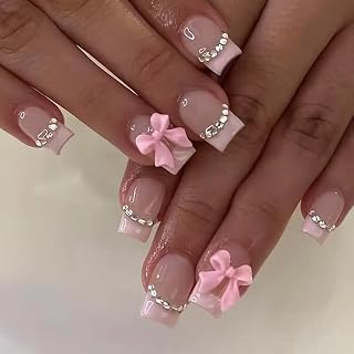 24Pcs Square Press on Nails Medium Length Fake Nails with Rhinestone Designs Bow Pink French Tip False Nails Cute Full Cover Reusable Stick on Nails for Women Girls Manicure Kit