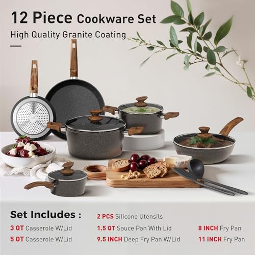 Image of DishDelight Non Stick Pots and Pans Set, 12 Piece Kitchen Cookware Sets | Granite Pans Set for Cooking, Compatible with Induction, Gas & Electric Stoves, PFOA & PFOS Free, Even Heating, Easy to Clean