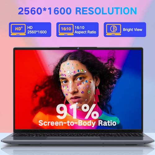 Image of DERE Laptop,16 inch Laptop Comupter,Win11 | 16GB RAM 512GB SSD | Celeron N5805 | 2.5K QHD IPS Display|Fingerprint Unlock|Backlit Keyboard|WiFi 6|HDMI for Study,Business,Working,Sliver Gray