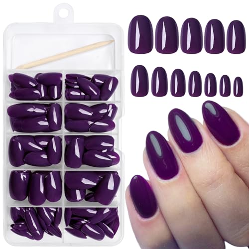 AddFavor Oval Press on Nails Short Fake Nails, 240pcs Deep Purple Nails Press on Almond False Nail Full Cover Acrylic Nail for Women and Girls