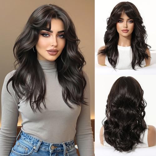 OMELPIS Middle Long Dark Brown Wavy Wigs with Curtain Bangs for Women Natural Shoulder Length Water Wave Heat Resistant Synthetic Fiber Layered Hair for Daily Dating Family Gathering Party Travel 50cm