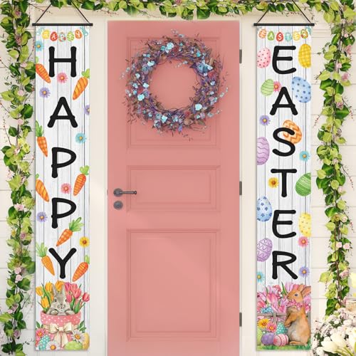 Preboun Easter Banners Porch Door Decorations Bunny Porch Signs Banners Rabbit Hanging Front Door Decorations for Outside Yard Garland Party Supplies