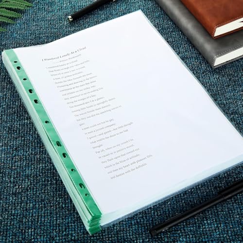 Fundas perforadas A4 de 80 micras transparentes con borde verde para carpeta, 200 uds 6