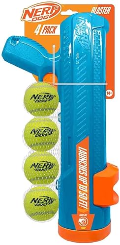 Nerf Dog EXO Blaster de 16 pulgadas sin clip de bola y pelota de tenis sin chirridos de 2.5 pulgadas, paquete de 4 juguetes para perros, azul