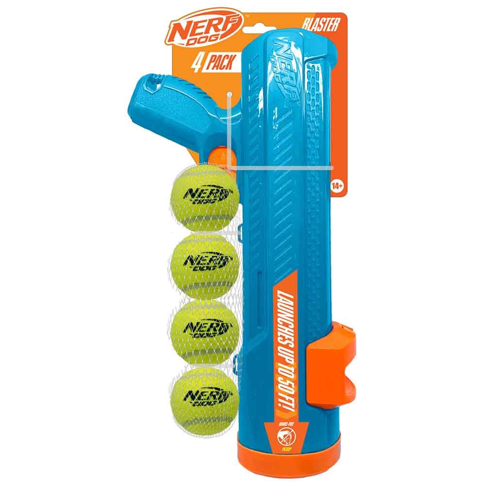 Nerf Dog 16" EXO Blaster ohne Kugelclip und 2,5 Zoll Nicht quietschender Tennisball 4er Pack Hundespielzeug - hellblau/orange und grün