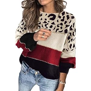 RWXXDSN Herfst en Winter Contrast Trui Vrouwen Stiksels Luipaardprint Effen Kleur Multicolor Losse Ronde Hals Dieptepunt…