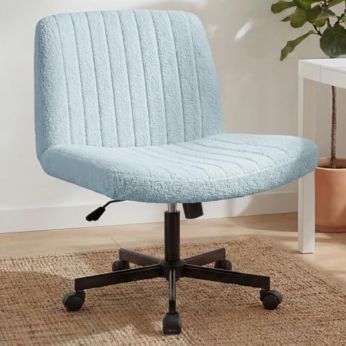 Orange Factory Criss Cross Chair Wheels Vanity Chair Office Desk Comfy Wide Cross Legged Armless Teddy Fabric Adjustable Swivel for Home Computer Task (Blue Teddy Fleece)