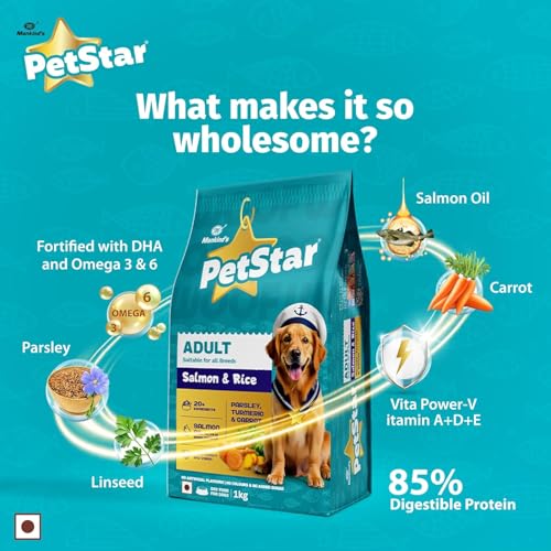Image of Mankind Petstar Adult Dry Dog Food (High Protein) Salmon & Rice Flavor, 10 kg Pack | Improves Muscle & Strength, Supports Immunity, Protects Liver & Kidney