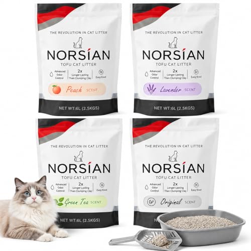 NORSÍAN Tofu Cat Litter Pack of 4 for Cats Clumping Odor Control Low Dust Flushable Lavender Green Tea Peach Original Scents