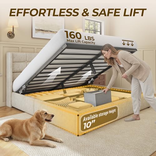Image of HISOFT Queen Size Lift Up Storage Bed Frame, Linen Upholstered Platform Bed with Wingback Headboard, Heavy Duty Hydraulic Gas Lift Underbed Space, Reinforced Full Metal Slats, Noise Free, Beige