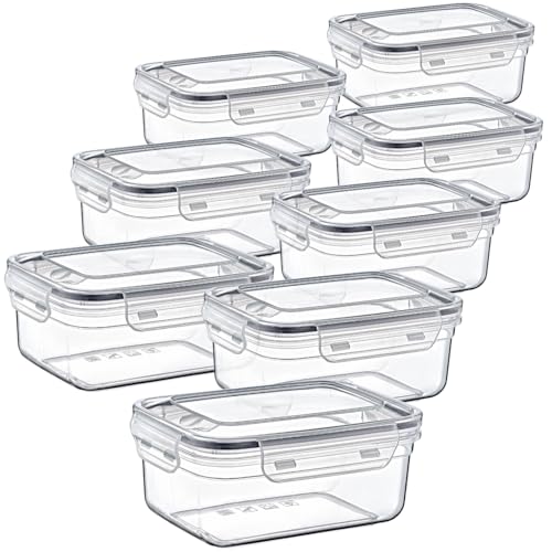 Sustania Juego de 8 recipientes herméticos con cierre de clip, 0,8 L, sin BPA, aptos para microondas, aptos para lavavajillas, 16,5 x 12 x 7 cm