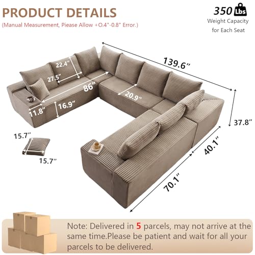 Image of Oversized Modular Sectional Sofa Couch, Large 8 Seater Corner Sofa Modern U Shaped Sectional Couch Cloud Couches for Living Room, Office, Spacious Space, Corduroy, No Assembly Required, Camel