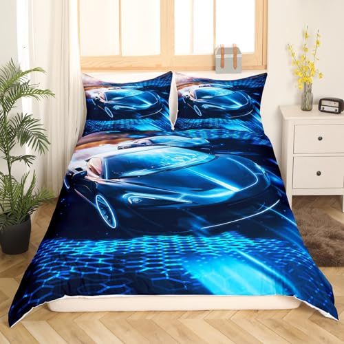 feelingyou Sports Car Comforter Covet Double,Blue Light Racing Car Duvet Cover with 2 Pillowcases,Extreme Sport Theme Polyester Bedding Set for Boys Teens Room - Image 3