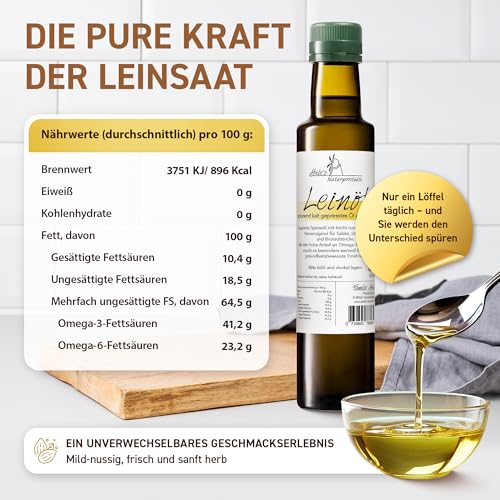 Abele’s Naturprodukte® - Leinöl kaltgepresst [250ml] - inkl. Probe Naturcreme – naturbelassen & aus eigenem Anbau – Omega-3 Quelle – frisch & ungefiltert
