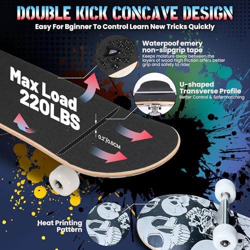 Image of Pro Complete Skateboards for Beginners Girls Boys Kids Youths Teens Adults 31 inchx8 inch Skate Boards 7 Layers Canadian Maple Double Kick Deck Concave Longboard