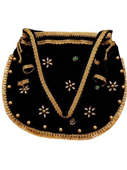 Veena Creations Black Velvet Potli Bag with Gold Embroidery, Floral Beadwork, Drawstring Closure, Traditional Indian Style-image-18