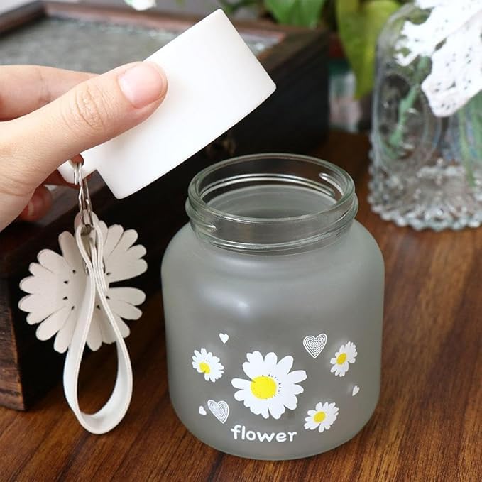 AZLVERA Daisy Glass Water Bottle, 350ml, Frosted Design with Flower Charm, Portable Mini Cup for Beverages, Hand Wash Only 3