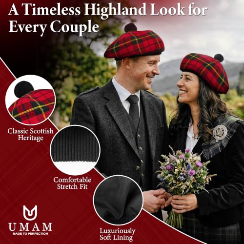 Image of Scottish Tam O' Shanter Hat Tartan Bonnet Pom Pom Wool Flat Cap One Size