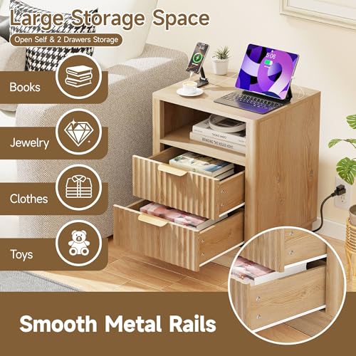 Image of Nightstand with Charging Station, Fluted Bedside Table with 2 Storage Drawer and Open Wood Shelf, Night Stand with Solid Wood Base for Bedroom, Side Table, End Table, Oak