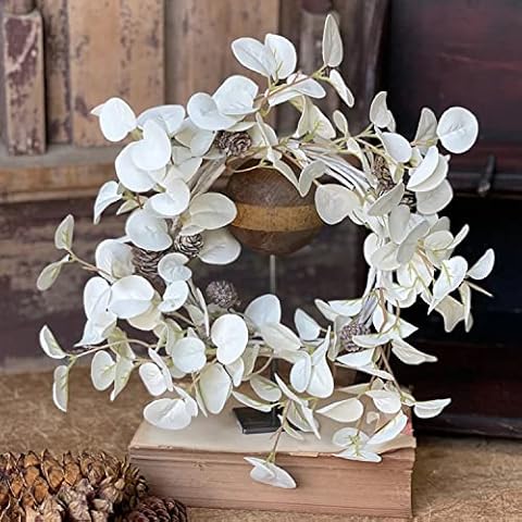 Orchid & Ivy 12-Inch Decorative White Faux Eucalyptus Candle Ring - Small Rustic Wreath Farmhouse Home Decor w/ 6-Inch Center for Pillars - Tabletop, Centerpiece, Door Wall Art Hanging Decoration Cover