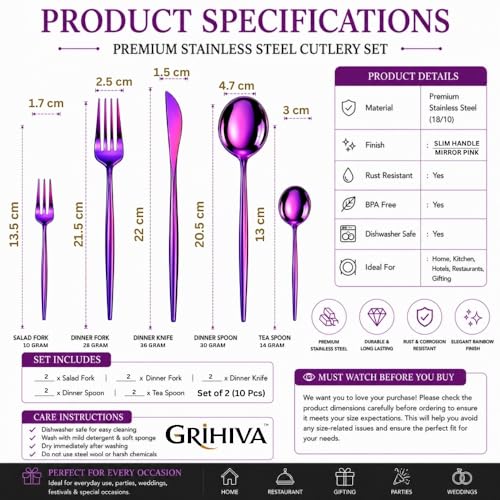 Image of 10 Pcs Pink Cutlery Set for Dining Table the Perfect Lightweight Silim Handle Tableware Including Dinner Spoon, Dinner Fork, Dinner Knife, Dessert Spoon & Dessert Fork