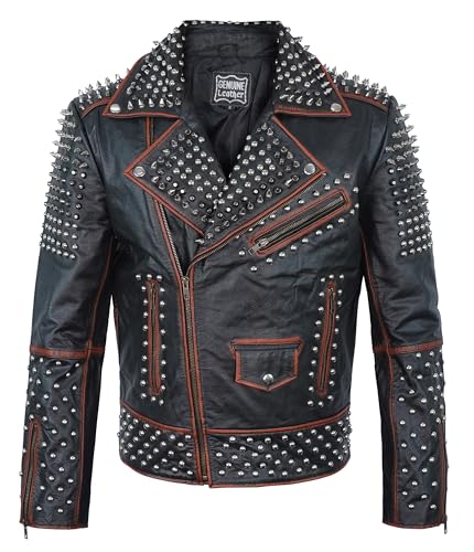 Fashion_First Chaqueta de piel auténtica con tachuelas punk rock para hombre, chaqueta de cuero negro con pinchos, Chaqueta negra., M