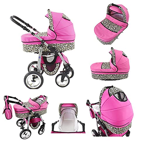 Kinderwagen 3in1 Megaset alles in einem Isofix Dino by ChillyKids Pink & Leopard 4in1 Autositz +Isofix