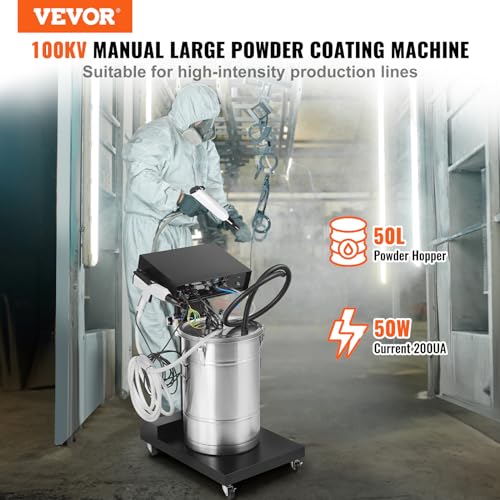 Image of VEVOR Powder Coating System, 50W 100KV Electrostatic Output Machine with 50L Powder Hopper, 450g Per Minute Kit with Spray Gun and Trolley Base, Indoor and Outdoor