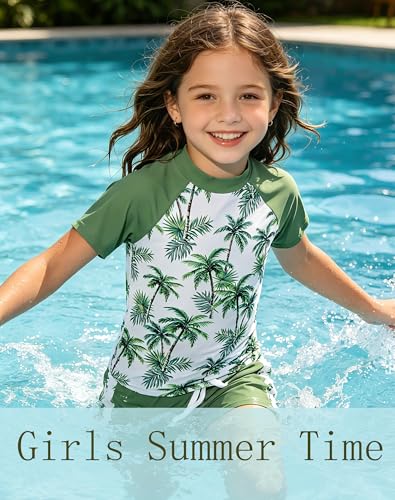 Image of Lovekider Girls Swimsuits Two Piece Rash Guard Set Short Sleeve Bathing Suit Liner Swimwear with Sun Protection 3-12T