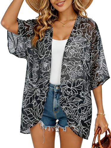 Image of FINOCEANS Womens Floral Chiffon Kimono Cardigans Loose Beach Cover Up Half Sleeve Tops