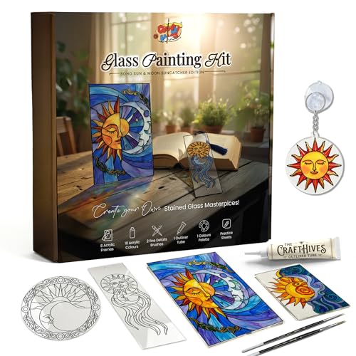 Image of The Crafthives Sun & Moon Glass Painting Kit | Boho Suncatcher DIY Stained Glass Art Set with Acrylic Frames, Colours, Brushes & Outliner | Creative Glass Painting Craft Kit for Kids Beginners Adults