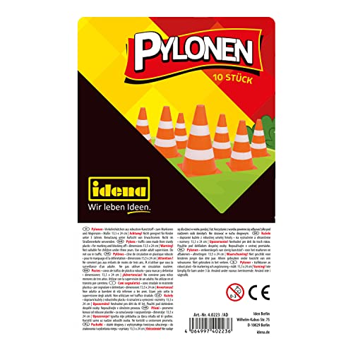 Idena 40223 - Pylonen, 10 Stück, 13,5 x 24 cm, Kegel aus Kunststoff, stapelbar, Verkehrshütchen für Sport, Freizeit, Slalom uvm, Orange-weiß