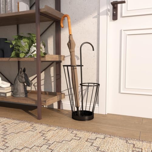 Image of Metal Wire Umbrella Stand with Drip Tray, Black, Dual Compartment, 27.45 inch Tall