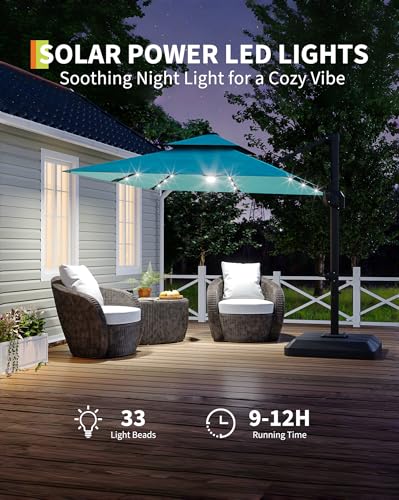 10' x 10' Heavy Duty Cantilever Patio Umbrella with Solar LED Lights & Weighted Base, 2-Tier Square Aluminum Offset Umbrella with 360-Degree Rotation for Backyard, Deck, Pool, Turquoise Blue