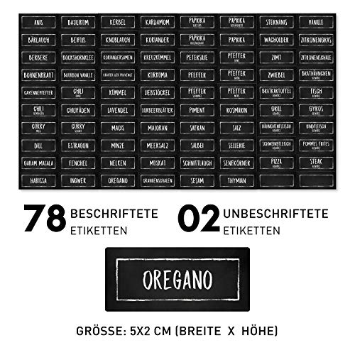 Gewürzetiketten (80 Stück) - Schwarz - Aufkleber Gewürze Etiketten Selbstklebend - Vorratsetiketten - Rechteckig - Wasserfest - Gewürz Sticker - Küchenetiketten - klein 50x20mm