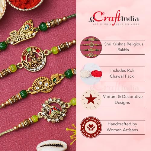 Image of eCraftIndia Set of 4 Lord Ganesha Peacock Krishna & Kalash Designer Rakhis for Brother Bhaiya Bhai | Roli Chawal Pack