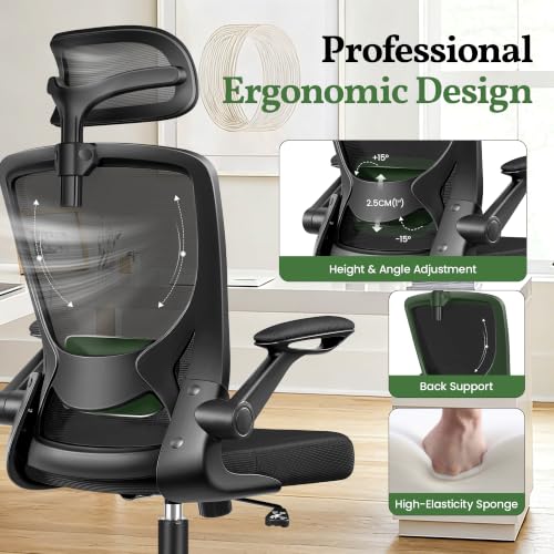 Image of Ergonomic Office Chair, High Back Desk Chair with Adjustable Lumbar Support | Breathable Mesh Office Chair for Prolonged Sitting, Computer Chairs Comfy for Long Workdays, Flip Up Arms, Home, Black