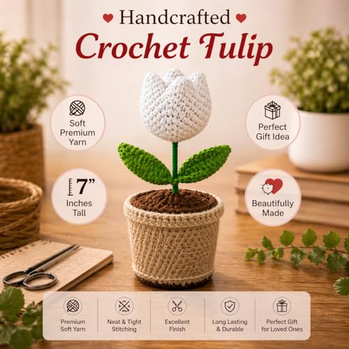 Image of Handcrafted Crochet Flower Pot | 7 Inch Handmade Wool Flower Plant | Premium Soft Yarn Decor | Cute Desk & Home Decoration | Unique Gift for Birthday, Anniversary & Valentine (Tulip)