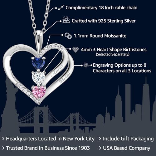 Gem Stone King 925 Sterling Silver Customized and Personalized Name Engraved 3 Stone 4MM Heart Shape Gemstone Birthstone and White Moissanite Pendant Necklace For Women2