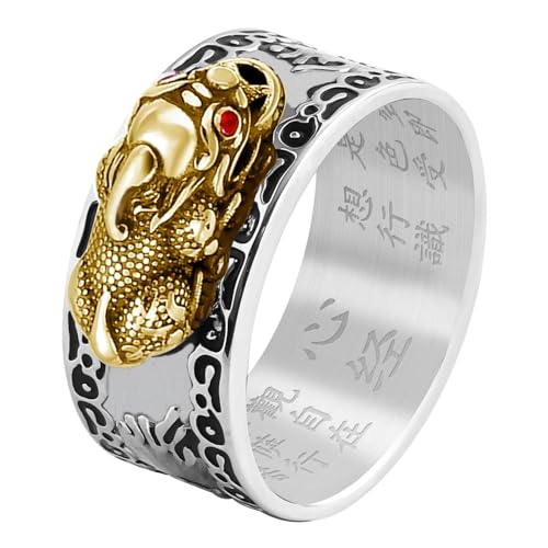HJ HUAJ Feng Shui Ring Feng Shui PiXiu Mantra Ring PiXiu Rings Amulet Lucky Wealth Buddhist Jewelry Adjustable Ring