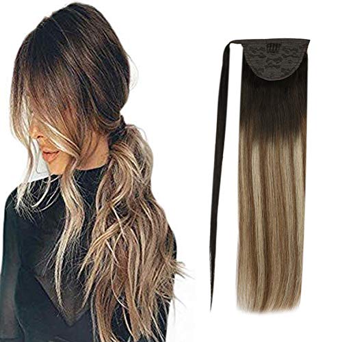Sunny Balayage Ponytail Extensions 14 inch Real Remy Human Hair Wrap Around Ponytail Balayage Darkest Brown Ombre to Medium Brown Mix Light Blonde 80g/pack