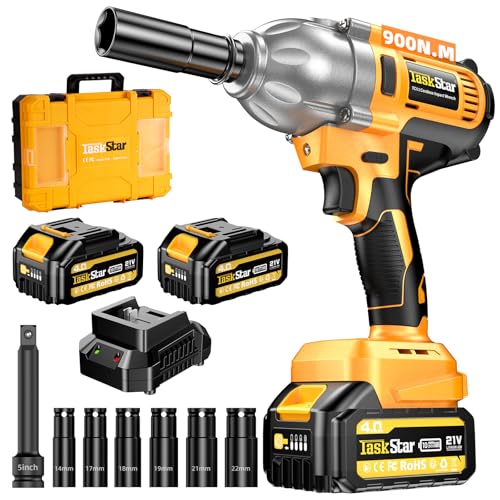 Cordless Impact Wrench 1/2 Inch, 900N.m(664ft-lbs) High Torque Brushless Power Impact Gun, 21V 3300RPM Electric Impact Driver with 2×4.0Ah Battery & Fast Charger for Car Tires Truck