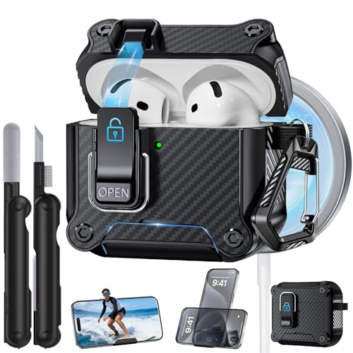 Image of Dual Safety Lock for AirPods 4 Case 2024, Compatible with MagSafe - Designed with Automatic Switch and Phone Stand, Includes a Cleaner & Keychain - Rugged Tough Hard Shell for Apple AirPods 4