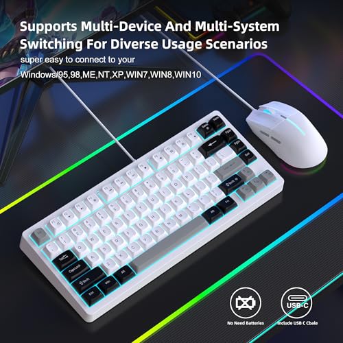 Image of Snpurdiri Wired Keyboard and Mouse Combo,81 Keys Compact Mechanical Keyboard,Retro Round Keycaps Ice Blue Backlit Gaming Keyboard for Laptop,Easy to Carry on Business Trip (Black Grey White)